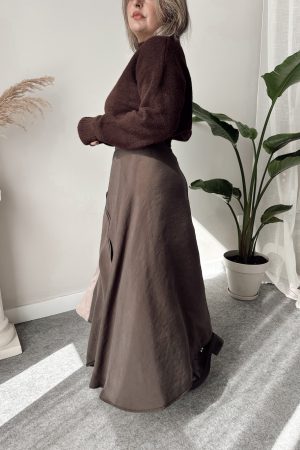 Kahve A form Asimetrik Kruvaze Etek - Görsel 4