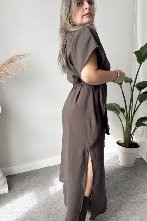 Boz Kahve Modal Kruvaze Midi Elbise - Görsel 3