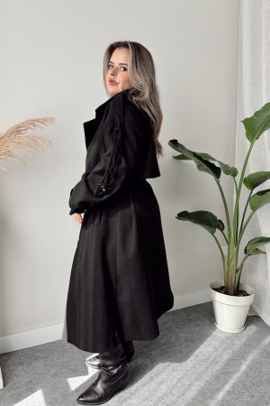 Siyah Yün Kaşe Oversize Kaban - Görsel 5