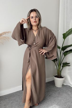 Vizon Keten Kruvaze Yarasa Kol Maxi Elbise - Görsel 4