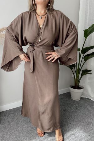 Vizon Keten Kruvaze Yarasa Kol Maxi Elbise - Görsel 3