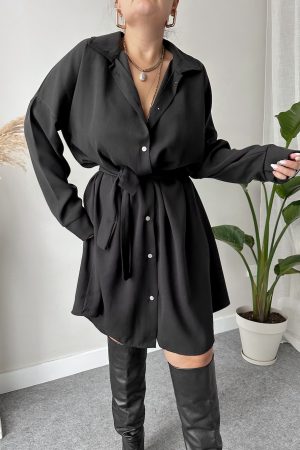 Siyah Premium Tencel Gömlek Elbise - Görsel 3