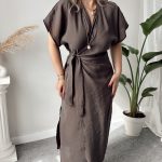 Boz Kahve Modal Kruvaze Midi Elbise