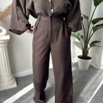 Kahve Premium Yün Karışımlı Pensli Palazzo Pantolon