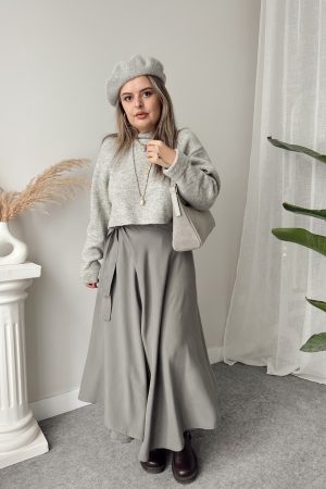 Gri Premium Tensel Kruvaze A Form Etek - Görsel 4