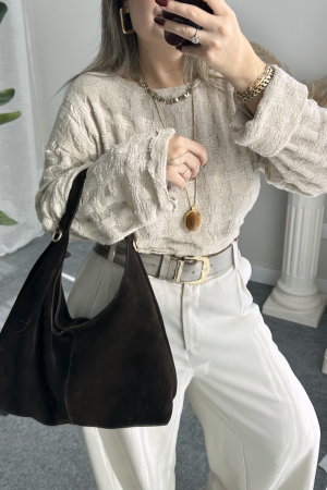 Midi Lora Acı Kahve Hakiki Süet Çanta - Görsel 3