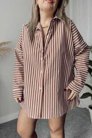 Çizgili Oversize Kuşaklı Gömlek - Görsel 3