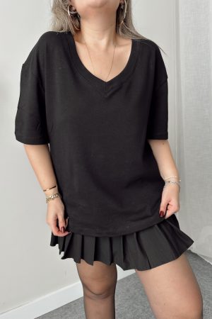 Siyah V Yaka Çelik Premium Oversize Tshirt - Görsel 3