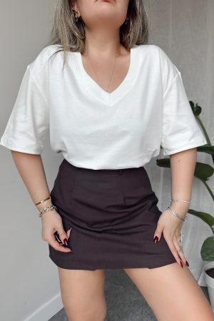 Ekru V Yaka Çelik Premium Oversize Tshirt - Görsel 4