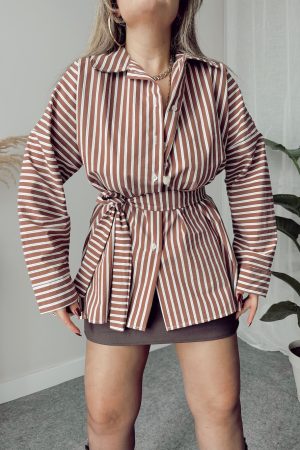 Çizgili Oversize Kuşaklı Gömlek