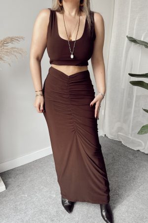 Kahve Sandy Drapeli Maxi Etek