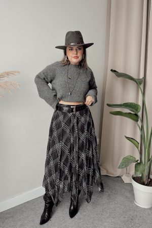 Siyah Ekose Midi Etek - Görsel 5