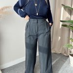 Lacivert Çizgili Premium Yün Karışımlı Pensli Palazzo Pantolon