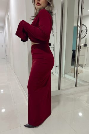 Bordo Sandy Drapeli Maxi Etek - Görsel 3