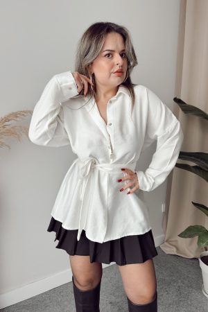 Ekru Modal Oversize Kuşaklı Gömlek - Görsel 3