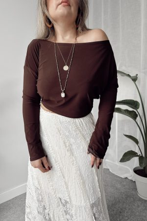 Kahve Sandy Crop Kayık Bluz