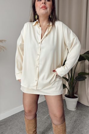 Krem Saten Oversize Gömlek