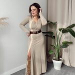 Bej Viskon A Form Vatkalı Yırtmaçlı Maxi Elbise