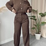 Kahve Çizgili Premium Yün Karışımlı Pensli Palazzo Pantolon