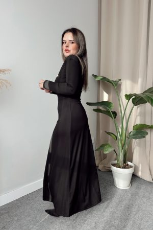 Siyah Viskon A Form Vatkalı Yırtmaçlı Maxi Elbise - Görsel 5