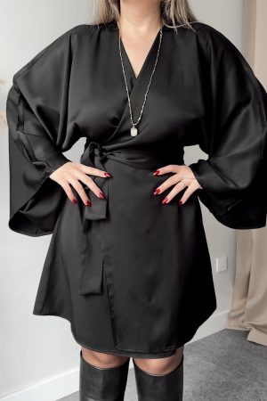 Siyah Tensel Kruvaze Mini Elbise - Görsel 2