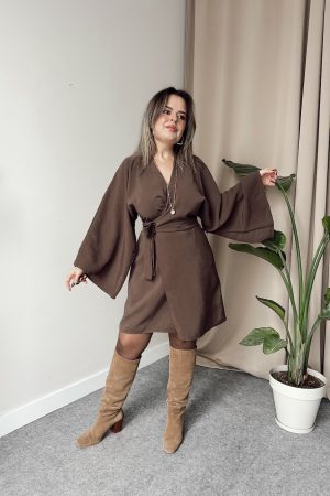 Boz Kahve Modal Kruvaze Mini Elbise - Görsel 3