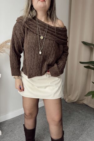 Kahve Kayık Yaka Saç Örgü Kazak - Görsel 4