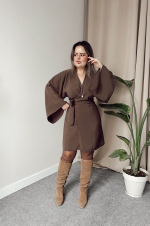 Boz Kahve Modal Kruvaze Mini Elbise - Görsel 2