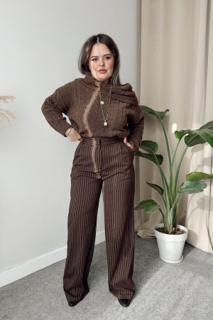 Kahve Çizgili Premium Yün Karışımlı Pensli Palazzo Pantolon - Görsel 3