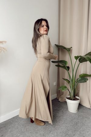 Bej Viskon A Form Vatkalı Yırtmaçlı Maxi Elbise - Görsel 3