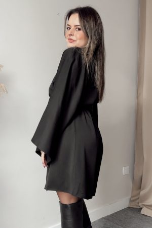 Siyah Tensel Kruvaze Mini Elbise - Görsel 3