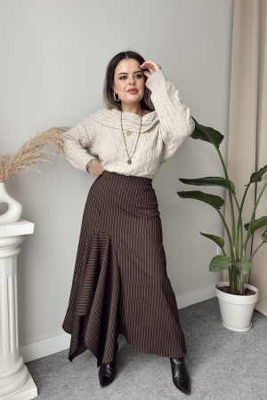 Kahve Çizgili  Midi Asimetrik Etek | ÖN SİPARİŞ - Görsel 3