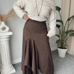 Kahve Çizgili  Midi Asimetrik Etek | ÖN SİPARİŞ