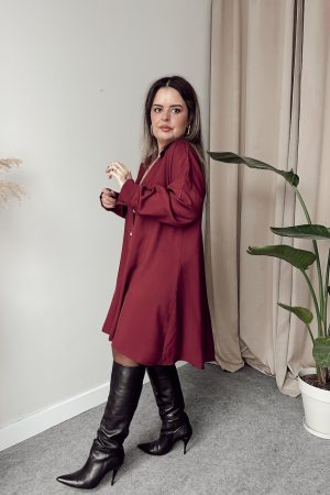 Bordo Premium Tensel Gömlek Elbise - Görsel 5