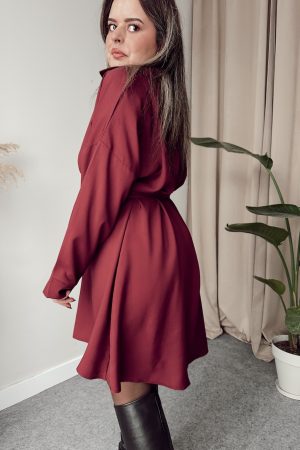 Bordo Premium Tensel Gömlek Elbise - Görsel 3