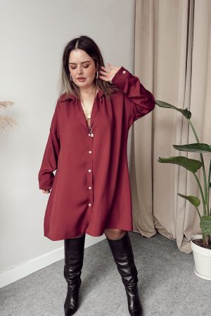 Bordo Premium Tensel Gömlek Elbise - Görsel 4