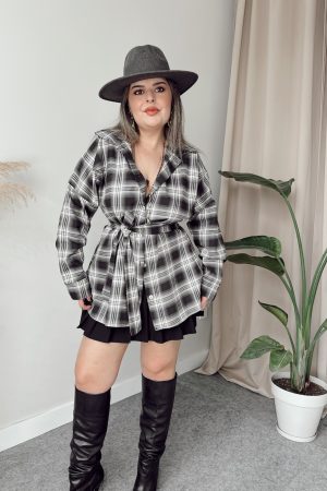 Ekose Pamuk Oversize Kuşaklı Gömlek - Görsel 5