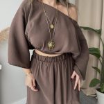 Kahve Modal Kayık Crop Bluz