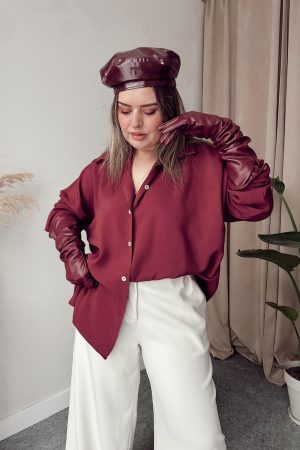 Bordo Premium Tensel Oversize Gömlek