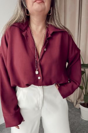 Bordo Premium Tensel Oversize Gömlek - Görsel 3