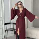 Bordo Tencel Maxi Kruvaze Elbise
