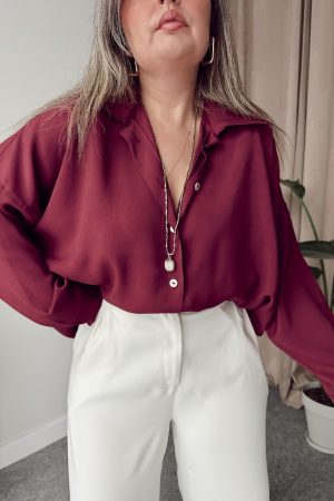 Bordo Premium Tensel Oversize Gömlek - Görsel 2