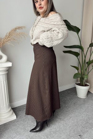 Kahve Çizgili  Midi Asimetrik Etek | ÖN SİPARİŞ - Görsel 4