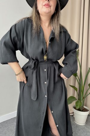 Füme Modal Oversize Maxi Gömlek Elbise - Görsel 3