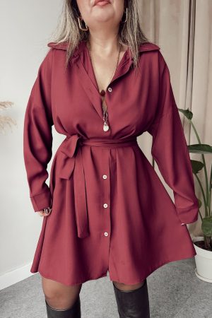Bordo Premium Tensel Gömlek Elbise