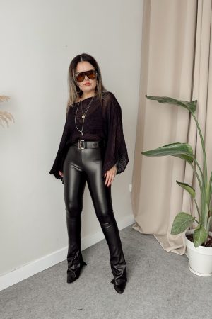 Siyah Suni Deri Flare Paça Tayt - Görsel 3