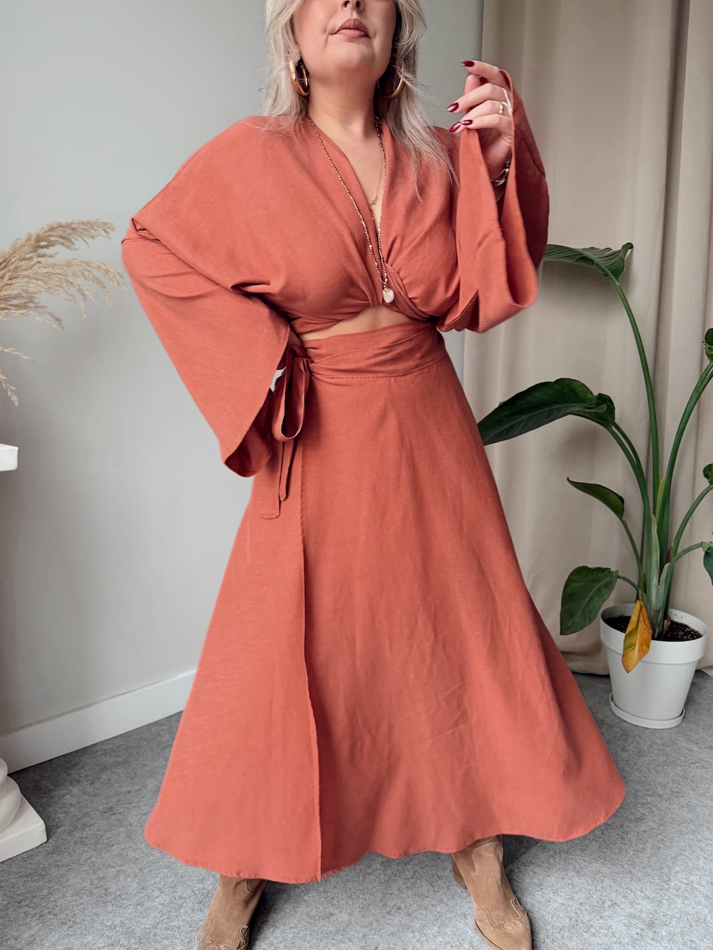 41AA408E-BE84-4C64-8968-C584572D584A Gül Kurusu Keten Kruvaze A Form Etek - Görsel 1