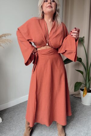 Gül Kurusu Keten Kruvaze A Form Etek - Görsel 3