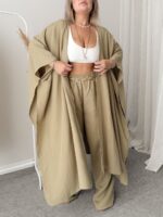 Khaki Organik Pamuk Müslin Maxi Kimono - Görsel 3