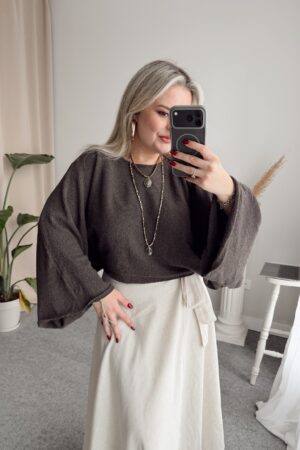 Kahve Organik Pamuk Yarasa Kol Crop Baharlık Triko - Görsel 2